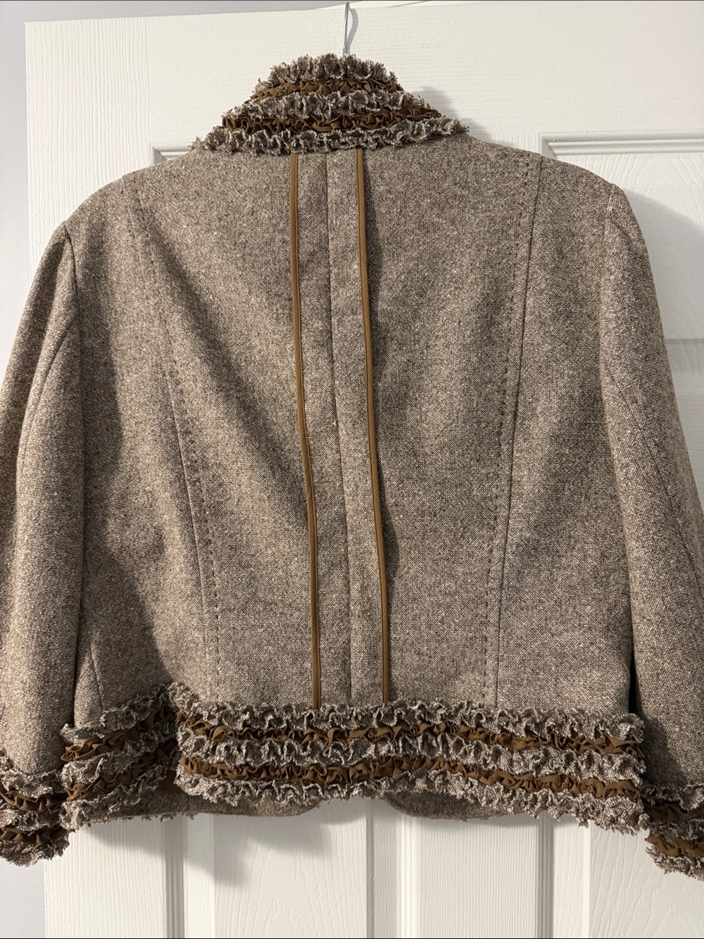 St. John Beige Tweed Blazer with Ruffle Trim - Picture 5 of 10